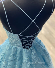 A Line Backless Lace Long Sky Blue Evening Prom Dresses, Backless Sky Blue Lace Formal Dresses, Sky Blue Evening Dresses