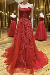 A Line Backless Red Lace Long Evening Prom Dresses, Long Red Lace Formal Dresses, Red Evening Dresses