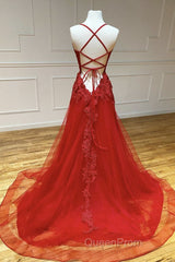 A Line Backless Red Lace Long Evening Prom Dresses, Long Red Lace Formal Dresses, Red Evening Dresses