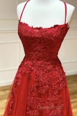 A Line Backless Red Lace Long Evening Prom Dresses, Long Red Lace Formal Dresses, Red Evening Dresses