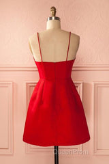 A Line Backless Short Red Evening Prom Dresses, Short Red Satin Homecoming Graduation Dresses, Red Formal Dresses