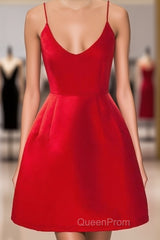 A Line Backless Short Red Evening Prom Dresses, Short Red Satin Homecoming Graduation Dresses, Red Formal Dresses
