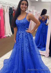 A-line Bateau Court Train Tulle Glitter Prom Dresses With Appliqued Beading