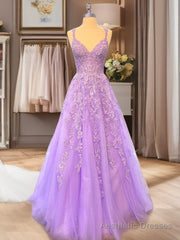 A-line Bateau Long Sleeves Appliques Lace Floor-Length Tulle Dress