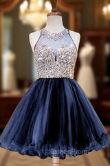 A-line Beaded Crystals Navy Blue Party Homecoming Dresses