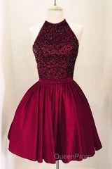 A-Line Beaded Halter Keyhole Back Satin Homecoming Dresses Short
