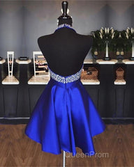 A-line Beaded Halter Satin Evening Prom Dresses Short Open Back Homecoming Dresses
