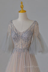 A-Line Beaded V-Neckline Tulle Formal Dresses, Puffy Sleeves Long Evening Prom Dresses