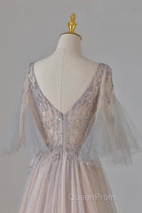 A-Line Beaded V-Neckline Tulle Formal Dresses, Puffy Sleeves Long Evening Prom Dresses