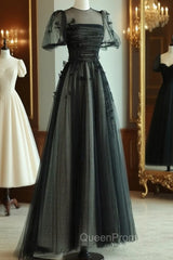 A-Line Black Puff Sleeves Tulle Long Evening Prom Dresses, Black Evening Dresses
