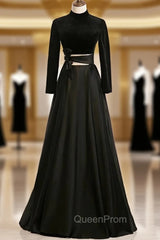 A-Line Black Satin High Neck Long Sleeve Evening Prom Dresses