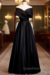 A-Line Black Satin Off the Shoulder Pleats Evening Prom Dresses