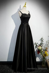 A-line Black Satin Straps Long Formal Dress, Black Simple Prom Dress