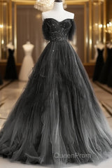 A-Line Black Tulle Ballgown Long Party Dresses Beadings Evening Dresses Evening Prom Dresses