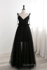 A-Line Black Tulle Long Evening Prom Dresses, Black Formal Evening Dresses
