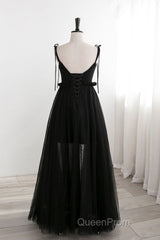 A-Line Black Tulle Long Evening Prom Dresses, Black Formal Evening Dresses