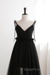 A-Line Black Tulle Long Evening Prom Dresses, Black Formal Evening Dresses