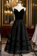 A-Line Black Tulle Spagehtti Straps Tulle Tea Length Evening Prom Dresses
