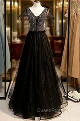 A-Line Black Tulle V-neck Cap Sleeve Beading Evening Prom Dresses