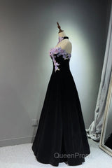 A-Line Black Velvet Long Party Dresses With Lace Applique, Black Velvet Evening Prom Dresses