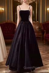 A Line Black Velvet Long Evening Prom Dresses Beaded Birthday Party Dresses