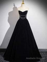 A-Line Black Velvet Long Prom Dress, Black Long Evening Dress