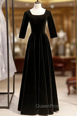 A-Line Black Velvet Square Short Sleeve Evening Prom Dresses