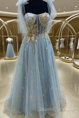 A-Line Blue And Gold Appliqed Long Formal Dresses Evening Prom Dresses