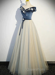 A-Line Blue-Grey Off Shoulder Long Party Dresses, Tulle And Velevet Long Evening Prom Dresses