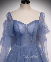 A line Blue Long Evening Prom Dresses, Blue Evening Graduation Dresses with Beading