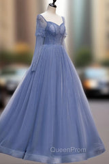 A line Blue Long Evening Prom Dresses, Blue Evening Graduation Dresses with Beading