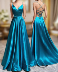 A-Line Blue Satin Long Evening Prom Dresses, Blue Formal Evening Dresses