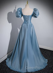 A-Line Blue Satin Short Sleeves Long Party Dresses, Blue Short Sleeves Evening Prom Dresses
