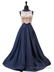 A-Line Blue Satin Two Piece Beading Bodice Evening Dress
