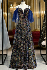 A-Line Blue Sequins Spaghetti Straps V-neck Evening Prom Dresses