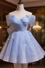 A-Line Blue Short Off Shoulder Knee Length Homecoming Dresses, Blue Short Evening Prom Dresses