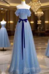 A-Line Blue Simple Off Shoulder Floor Length Evening Prom Dresses, Blue Long Party Dresses