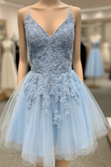 A-Line Blue Tulle Appliuqes Spaghetti Straps Beading Homecoming Dresses