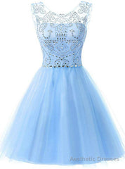 A-Line Blue Tulle Beading Backless Homecoming Dress