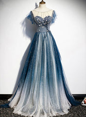 A-line Blue Tulle Long Beaded Evening Prom Dresses, A-Line Evening Dresses