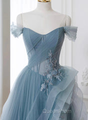 A-Line Blue Tulle Long Party Dresses With Lace, Off Shoulder Tulle Evening Prom Dresses