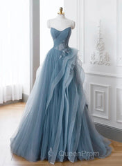 A-Line Blue Tulle Long Party Dresses With Lace, Off Shoulder Tulle Evening Prom Dresses