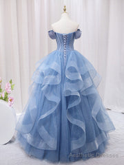 A-Line Blue Tulle Long Prom Dress, Blue Sweet 16 Dress