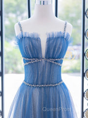 A-Line Blue Tulle Long Evening Prom Dresses, Blue Tulle Formal Dresses
