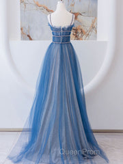 A-Line Blue Tulle Long Evening Prom Dresses, Blue Tulle Formal Dresses