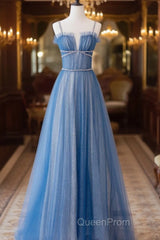 A-Line Blue Tulle Long Evening Prom Dresses, Blue Tulle Formal Dresses