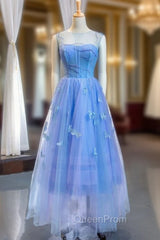 A-Line Blue Tulle Sleeveless Butterfly Backless Beading Evening Prom Dresses