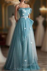 A-line Blue Tulle Straps Long Evening Dresses, Blue Long Evening Dresses Evening Prom Dresses