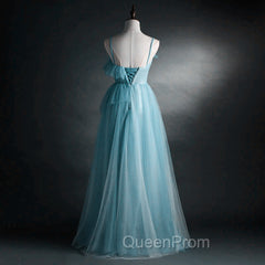 A-line Blue Tulle Straps Long Evening Dresses, Blue Long Evening Dresses Evening Prom Dresses