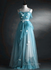 A-line Blue Tulle Straps Long Evening Dresses, Blue Long Evening Dresses Evening Prom Dresses